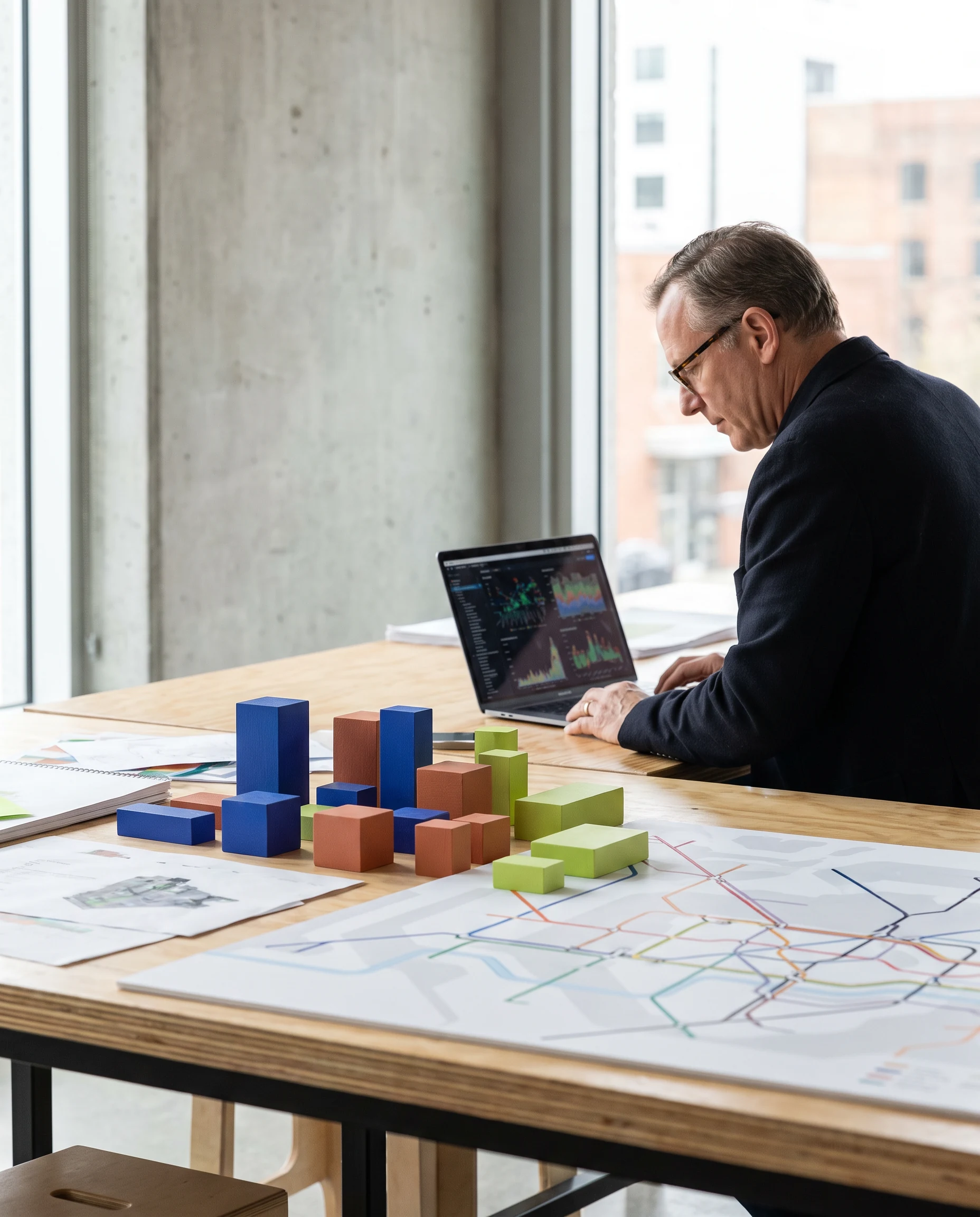 A learner working beside a model city and laptop