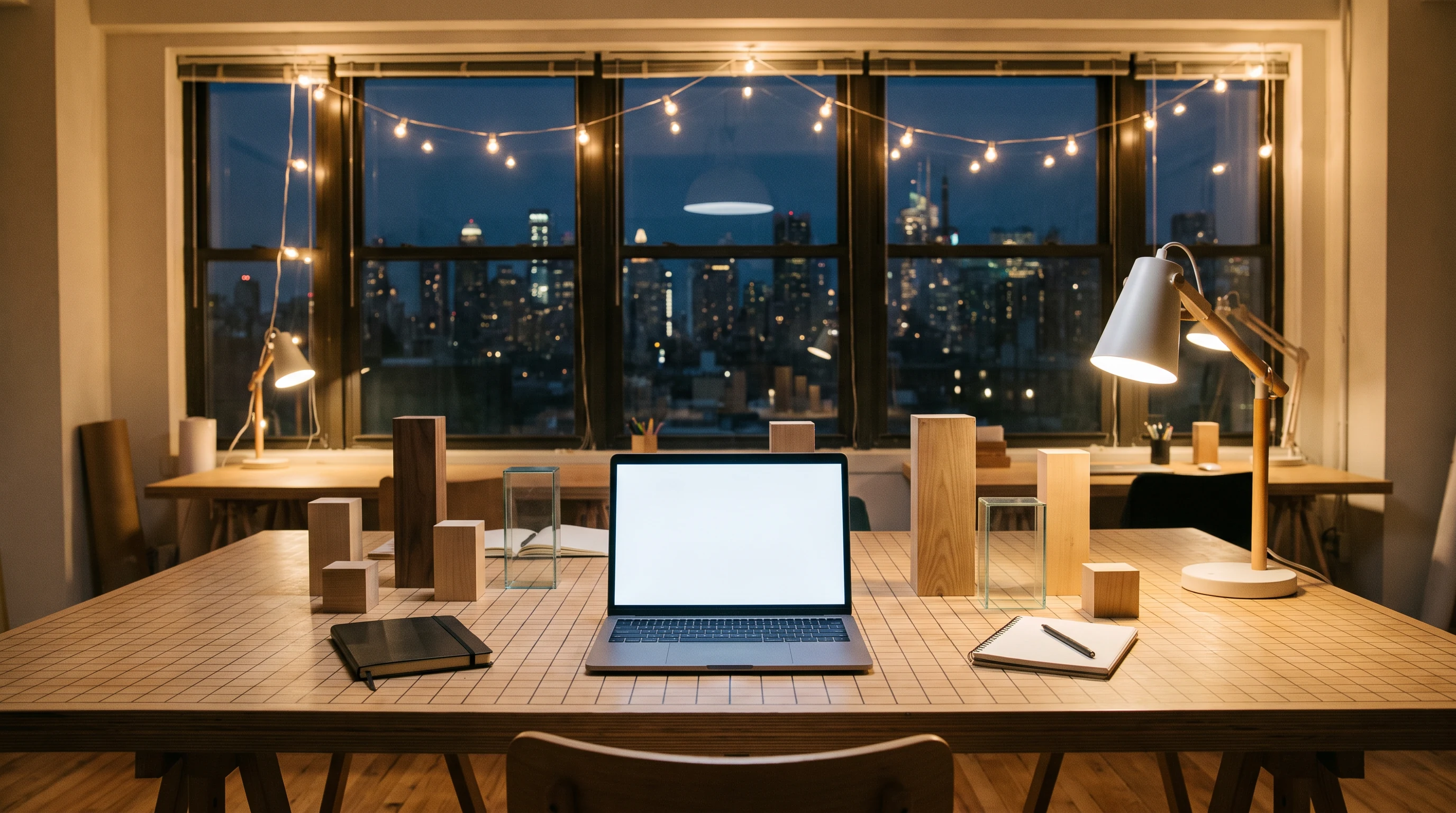 A warmly lit night workspace with laptop and city view