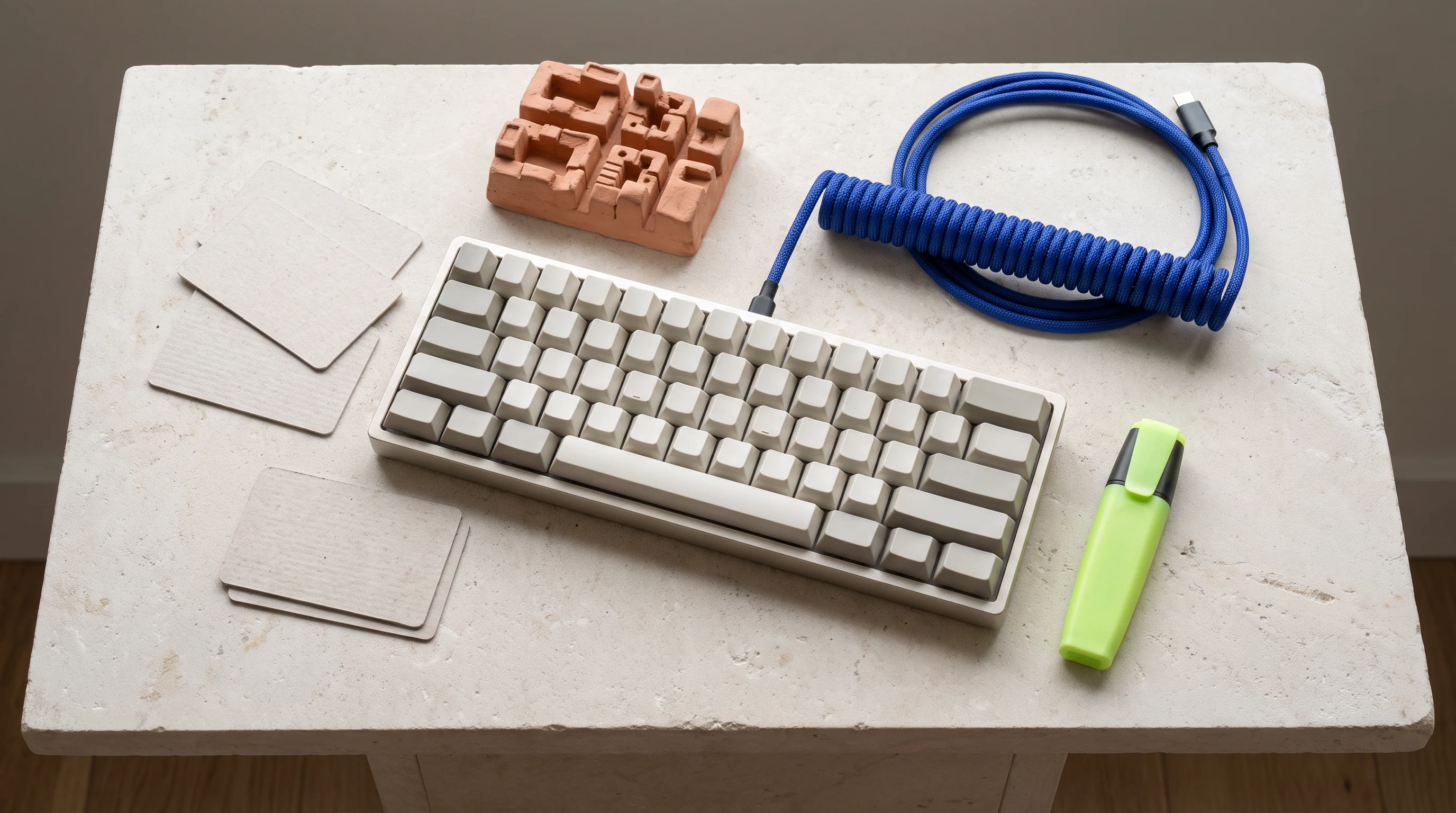 Keyboard and physical blocks laid out as a working system