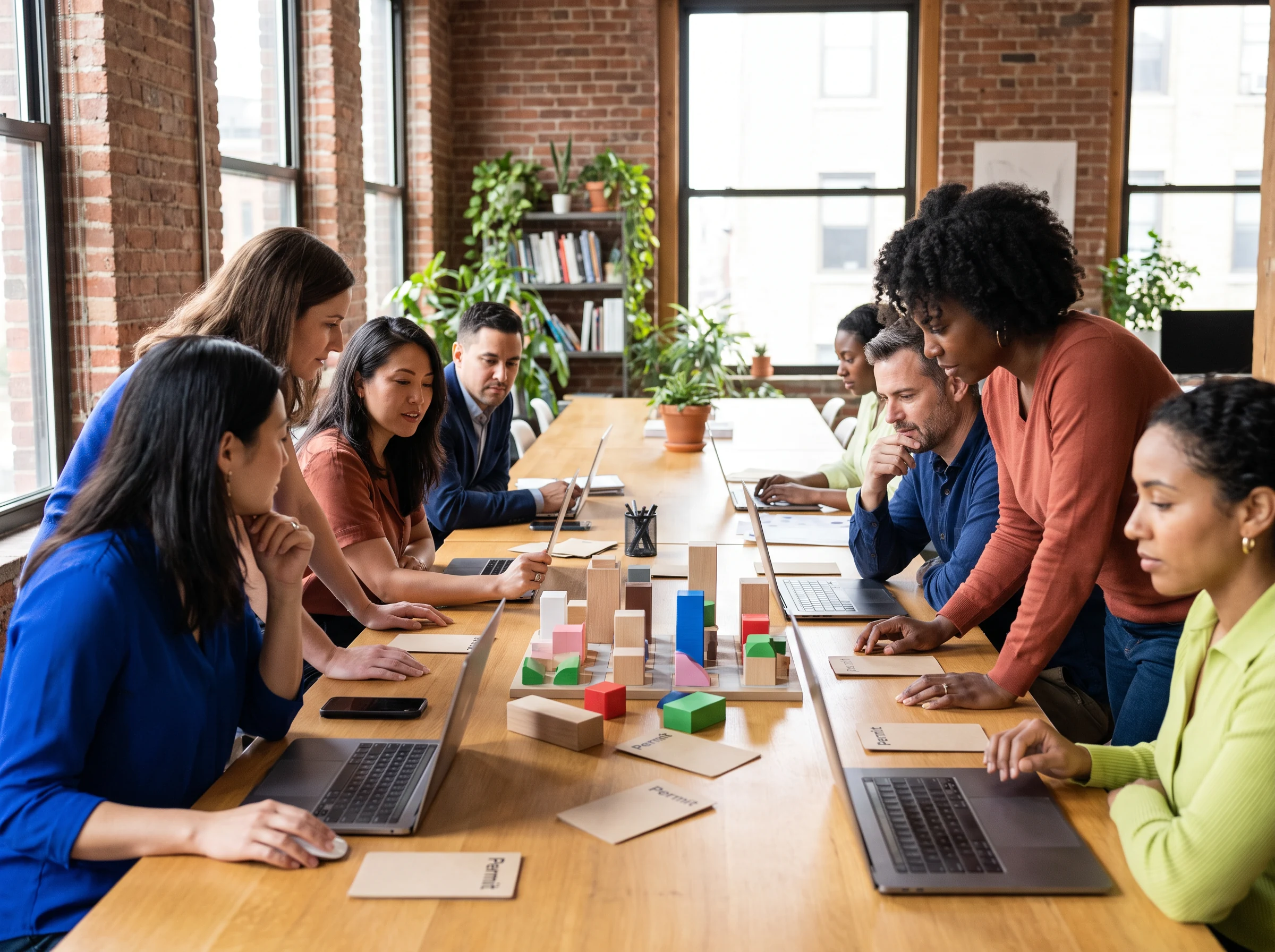 A team collaborating around a table with laptops and models
