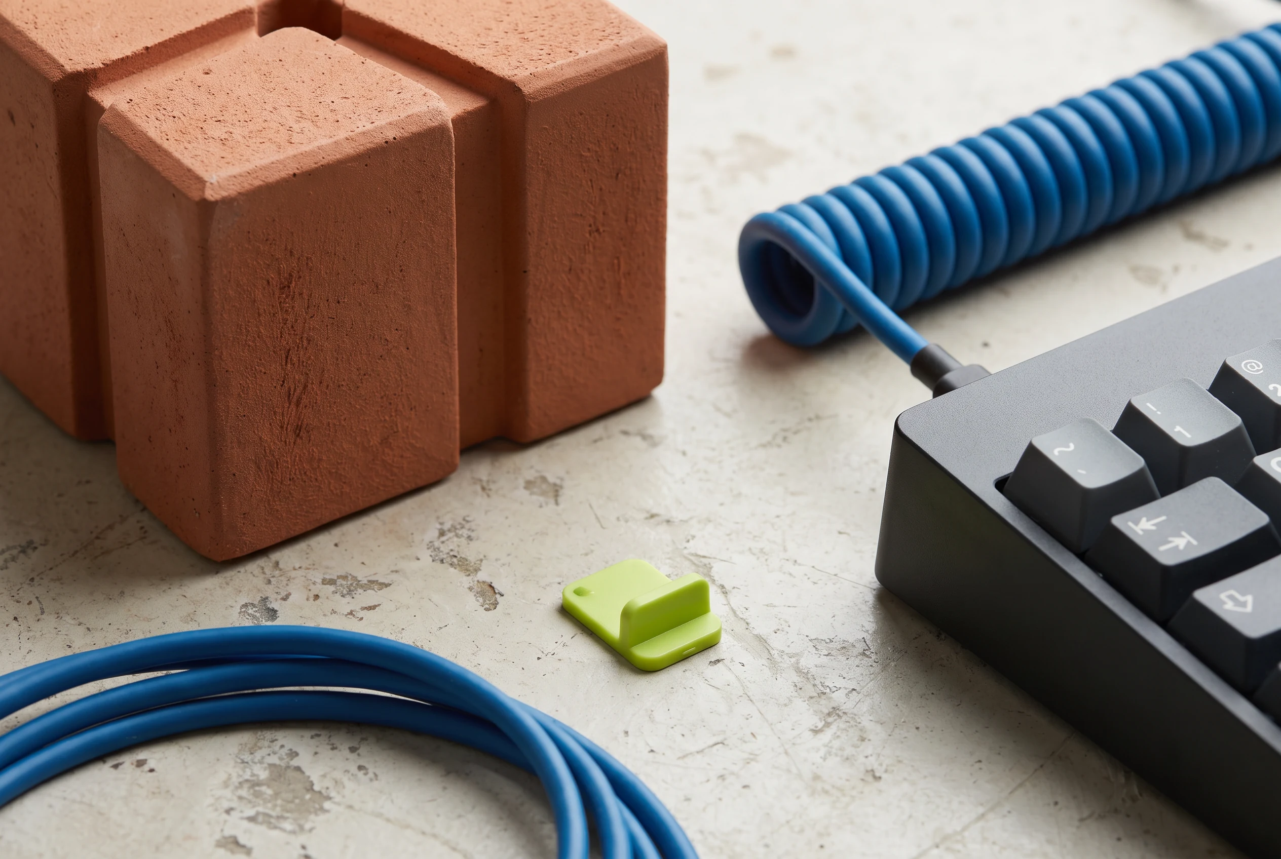 Terracotta blocks, cable, and keyboard representing course materials