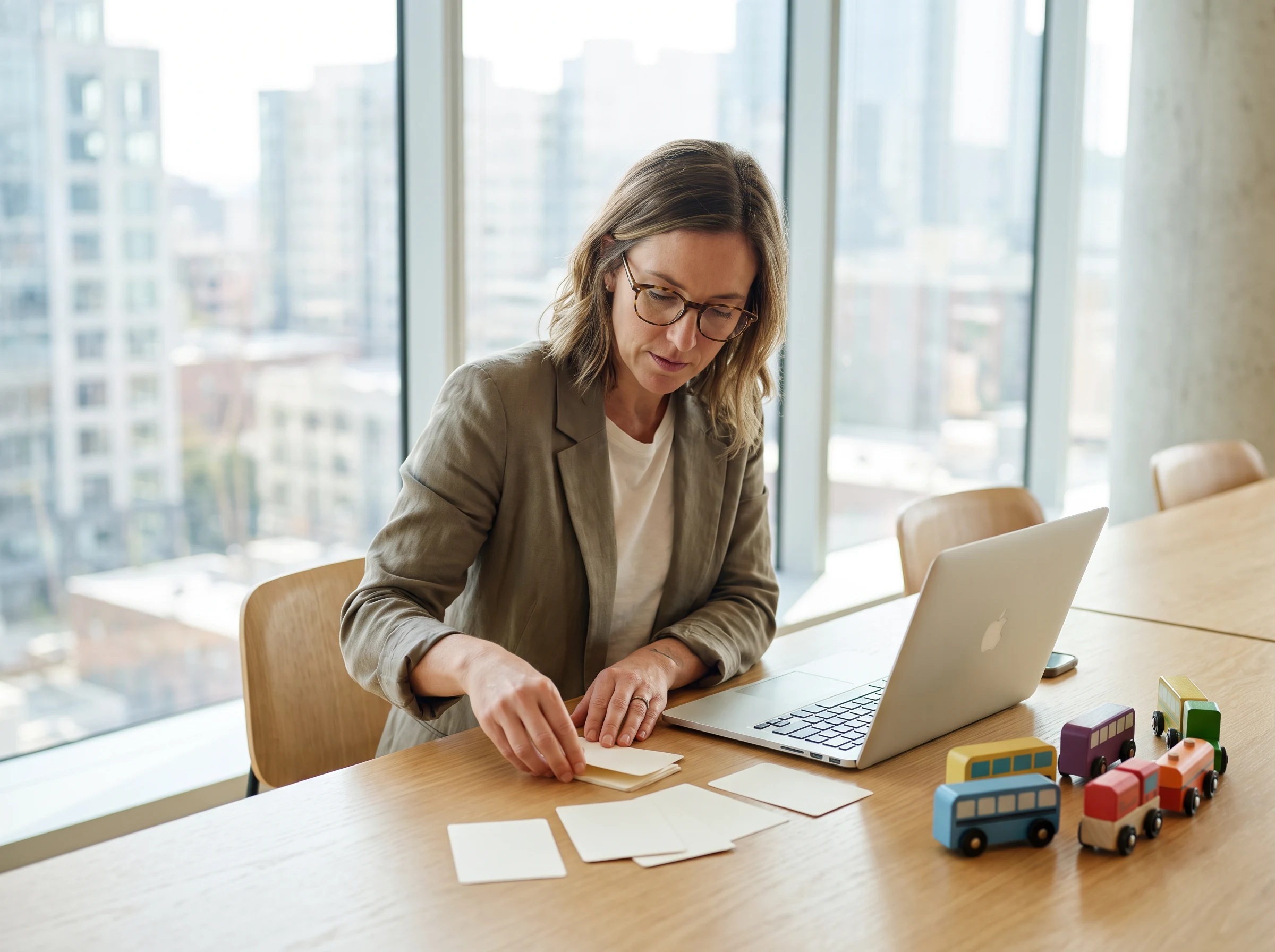A person arranging notes at a desk with a laptop and small blocks