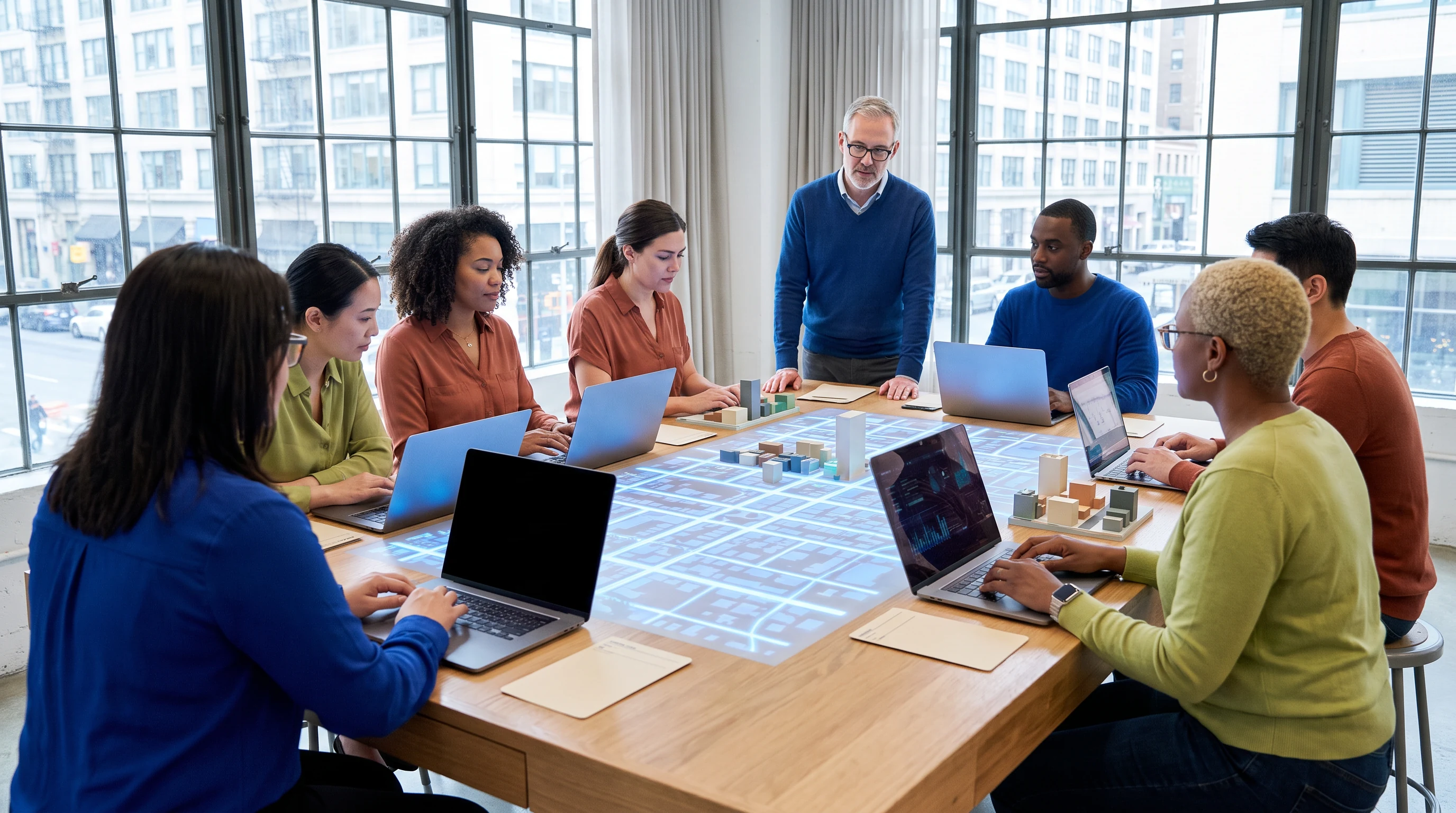Facilitator and learners around a table with maps and laptops