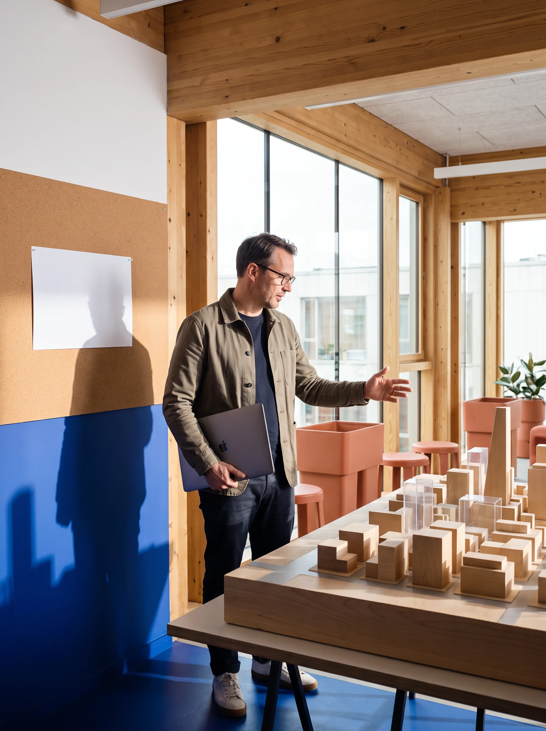 An instructor standing beside a carefully constructed architectural model