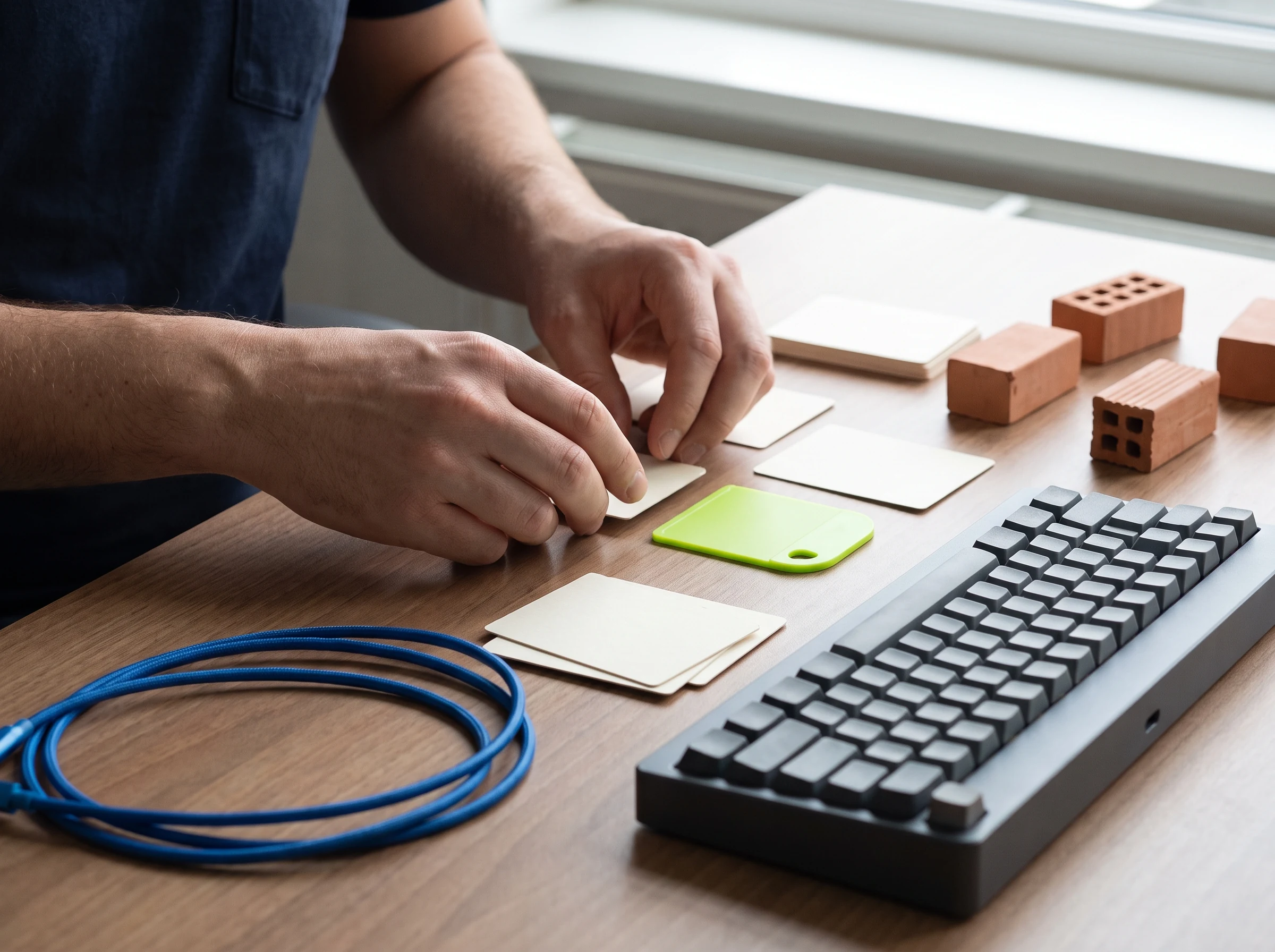 Hands arranging cards and blocks next to a keyboard