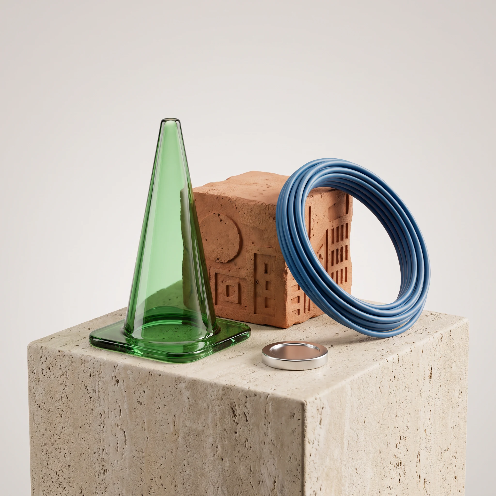 A green glass marker, cable, and wooden blocks on a plinth